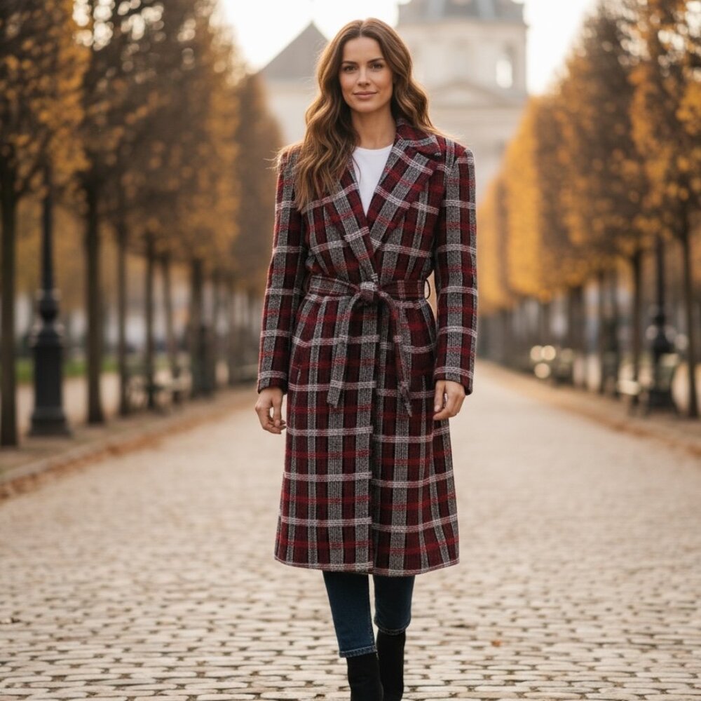 St. John Collection Red Plaid Trench Coat Women's Size 6 Belted Jacket Outerwear
